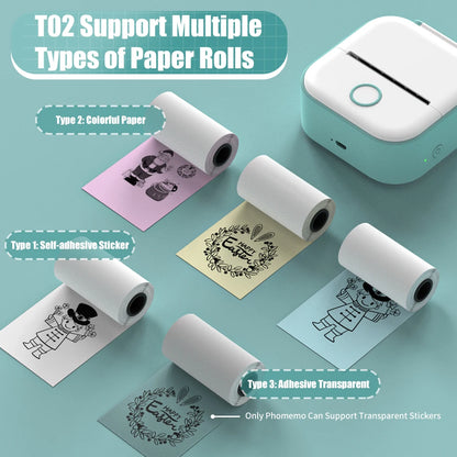 T02 Portable Mini Printer Thermal Pocket Printer Self-Adhesive Stickers Use for Diy,Journal Impresora Termica Portatil